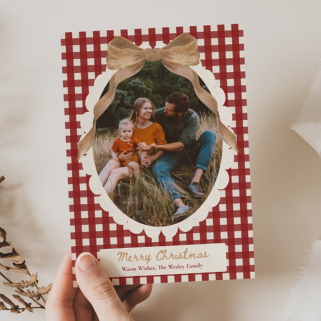 Cartes Pour Fêtes Annuelles Country Red Gingham Bow Photo Christmas Card (Créateur téléchargé)