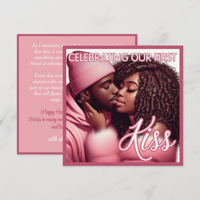 Cartes Pour Fêtes Annuelles Couple Afro-Américain Amoureux Premier Baiser Rose (Devant / Derrière)