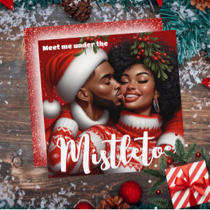 Cartes Pour Fêtes Annuelles Couple Afro-Américain Baiser sous le Gui à Noël