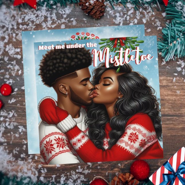 Cartes Pour Fêtes Annuelles Couple Afro-Américain Baiser sous le Gui à Noël (African American Sweethearts Couple Christmas Mistletoe Kiss Holiday Card)