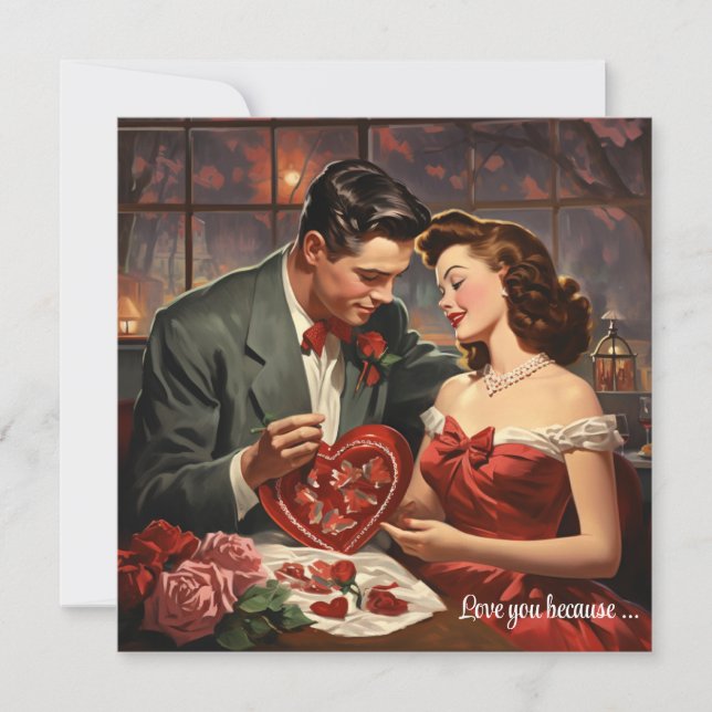 Cartes Pour Fêtes Annuelles Couple d'amour à l'ancienne cœurs rouges Saint-Val (Devant)