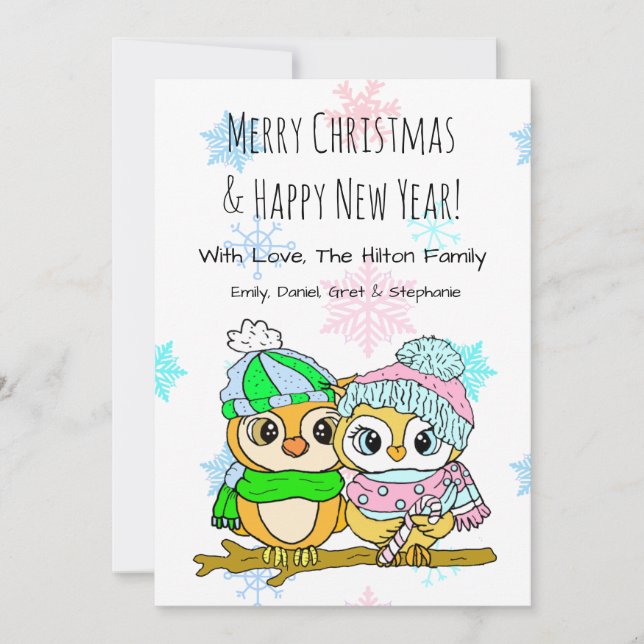 Cartes Pour Fêtes Annuelles Couple de Chouette mignonne sur la branche d'arbre (Devant)