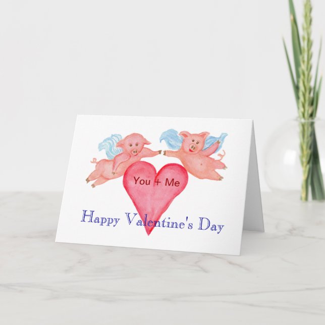 Cartes Pour Fêtes Annuelles Couple de cochon volant avec coeur rouge Valentine (Devant)