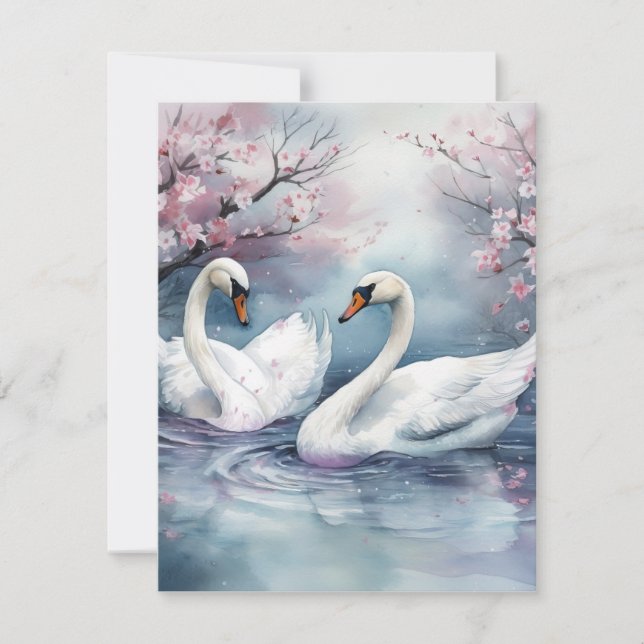 Cartes Pour Fêtes Annuelles Couple de cygnes à l'aquarelle (Devant)