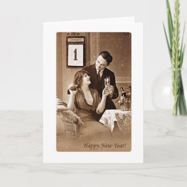 Cartes Pour Fêtes Annuelles couple fêtant la nouvelle année avec champagne, vi (Devant)