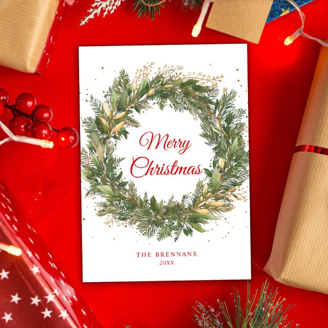 Cartes Pour Fêtes Annuelles Courbe botanique verte rouge de Noël (Christmas Elegant Red Green Botanical Wreath Holiday Card)