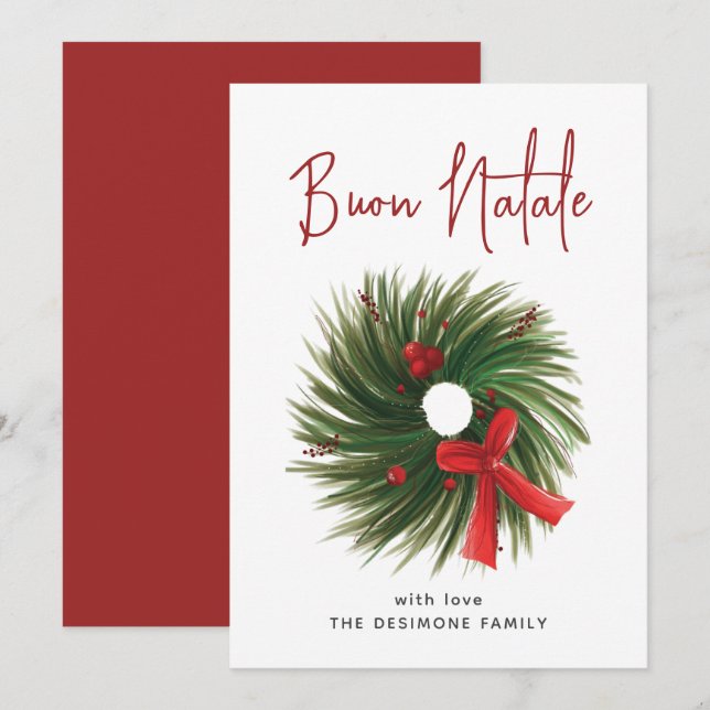 Cartes Pour Fêtes Annuelles Courbe d'aquarelle simple Buon Natale (Devant / Derrière)