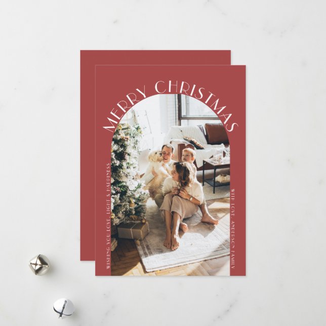 Cartes Pour Fêtes Annuelles Courbe rouge élégante arc Joyeux Noël Photo (Devant/Arrière en situation)