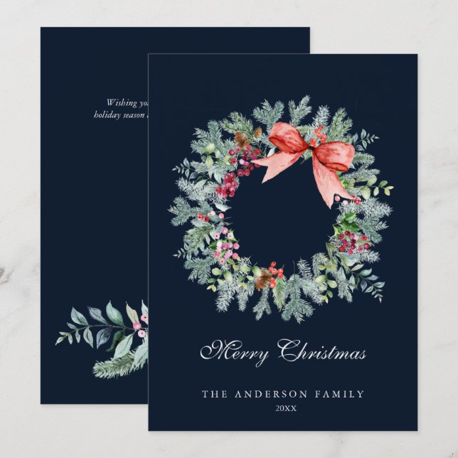 Cartes Pour Fêtes Annuelles Couronne aquarelle d'arbres à feuilles persistante (Devant / Derrière)