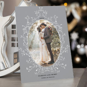 Cartes Pour Fêtes Annuelles Couronne botanique Mariés et Joyeux Photo Grise