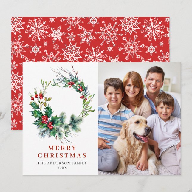 Cartes Pour Fêtes Annuelles Couronne de Noël à la baie de houx PHOTO (Devant / Derrière)