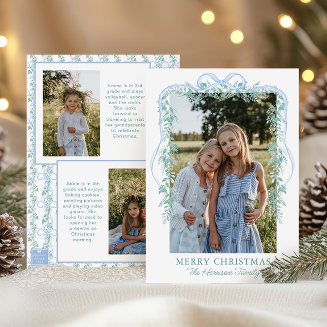Cartes Pour Fêtes Annuelles Couronne de Noël à ruban bleu aquarelle Photo (Créateur téléchargé)