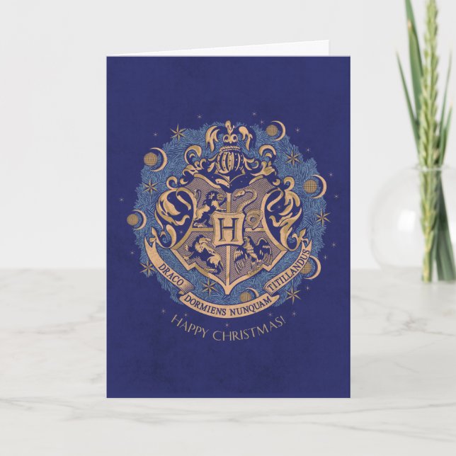 Cartes Pour Fêtes Annuelles Couronne de Noël au blason de Poudlard™ Bleu (Devant)