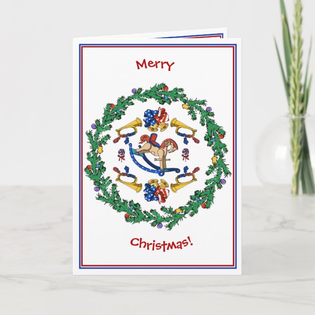 Cartes Pour Fêtes Annuelles Couronne De Noël Avec Cheval Rocheux Patriotique (Devant)