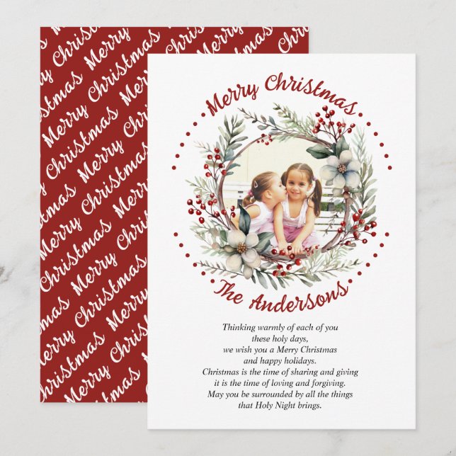 Cartes Pour Fêtes Annuelles Couronne de Noël avec fleurs et baies photo (Devant / Derrière)