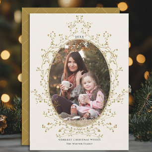 Cartes Pour Fêtes Annuelles Couronne de Noël botanique en or antique pour phot