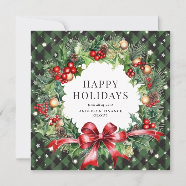 Cartes Pour Fêtes Annuelles Couronne de Noël élégante à carreaux verts pour en (Devant)