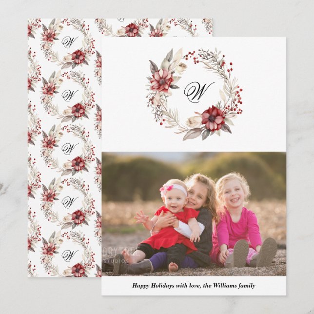Cartes Pour Fêtes Annuelles Couronne de Noël et monogramme photo rouge (Devant / Derrière)