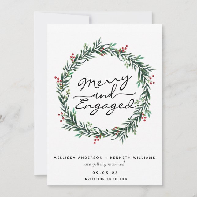 Cartes Pour Fêtes Annuelles Couronne de Noël Merry and Engaged Save The Date (Devant)