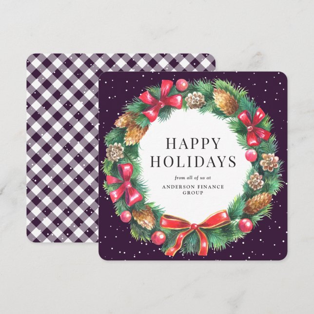 Cartes Pour Fêtes Annuelles Couronne de Noël Purple Plaid Entreprise (Devant / Derrière)