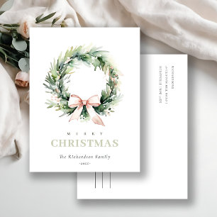Cartes Pour Fêtes Annuelles Couronne de Noël verte blush aquarelle