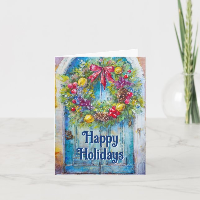Cartes Pour Fêtes Annuelles Couronne de vacances sur la vieille porte (Devant)