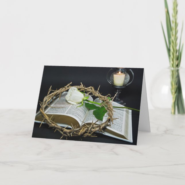 Cartes Pour Fêtes Annuelles couronne et rose blanc sur la bible (Devant)