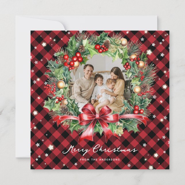 Cartes Pour Fêtes Annuelles Couronne étoilée à carreaux rouges pour Noël (Devant)