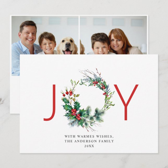 Cartes Pour Fêtes Annuelles Couronne festive de houx et de baies JOY pour les  (Devant / Derrière)