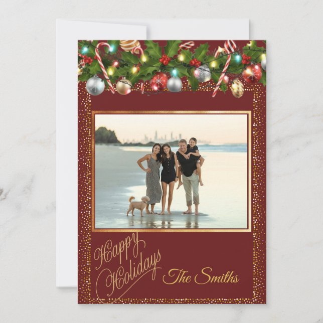 Cartes Pour Fêtes Annuelles Couronne festive de houx | Photo paillettes rouges (Devant)