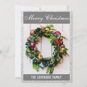 Cartes Pour Fêtes Annuelles Couronne festive de Noël grise pailletée d'argent