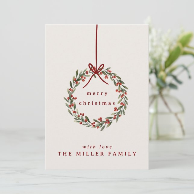 Cartes Pour Fêtes Annuelles Couronne feuillage de Noël avec arc rouge (Debout devant)