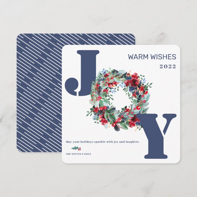 Cartes Pour Fêtes Annuelles Couronne florale moderne Joyeux Noël Joie bleu (Devant / Derrière)