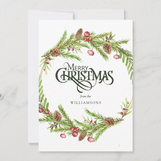Cartes Pour Fêtes Annuelles Couronne verte de pin d'aquarelle rustique (Devant)
