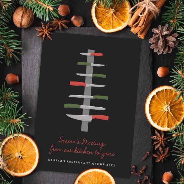 Cartes Pour Fêtes Annuelles Couteaux de Chef Illustrés Arbre de Noël Restauran (Créateur téléchargé)