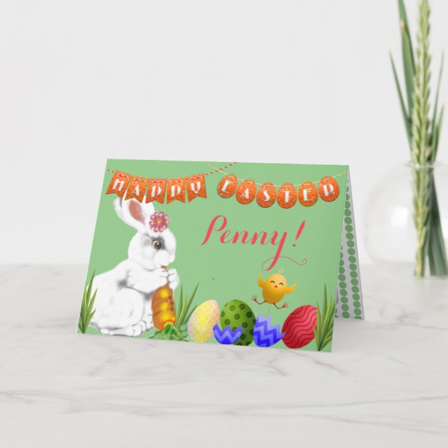 Cartes Pour Fêtes Annuelles Coutume de l'enfant vert de Bunny de Pâques (Devant)