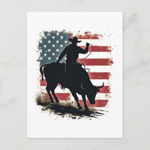 Cartes Pour Fêtes Annuelles Cowboy Bull Rider Patriotique American Flag Cowboy