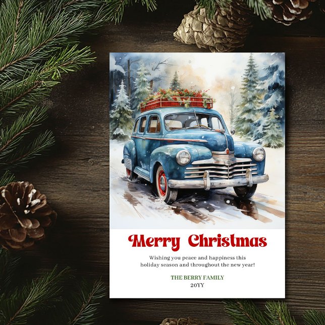 Cartes Pour Fêtes Annuelles Cozy rustic Christmas scene old fashioned car (Cozy rustic Christmas scene old fashioned Christmas car)