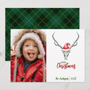 Cartes Pour Fêtes Annuelles Crâne de rennes rustique avec photo de Noël Plaid