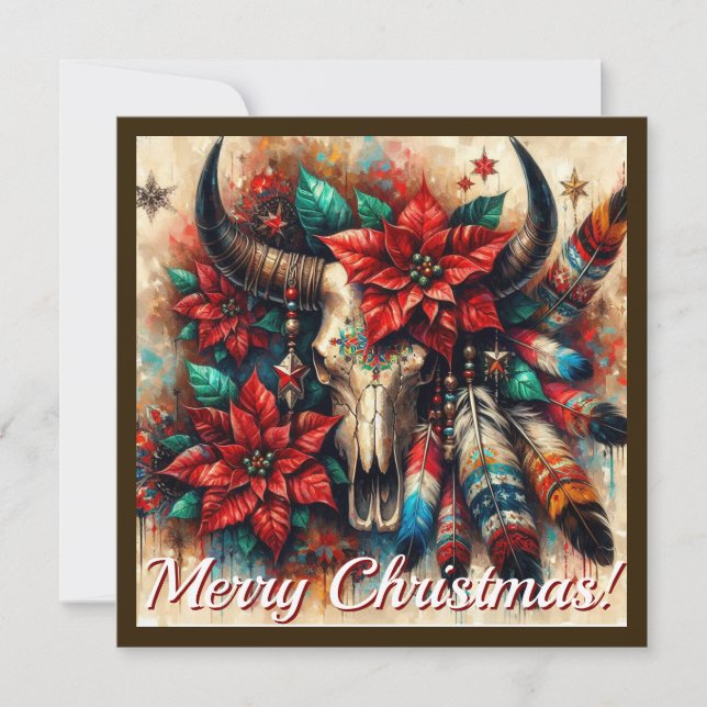 Cartes Pour Fêtes Annuelles Crâne de taureau de Noël Cow Poinsettias Plumes (Devant)