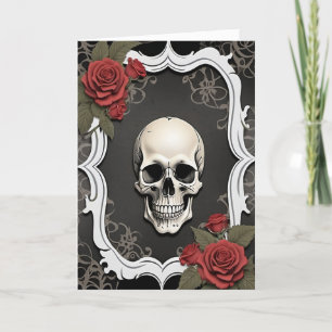 Cartes Pour Fêtes Annuelles Crâne et roses rouges dans un cadre blanc Hallowee