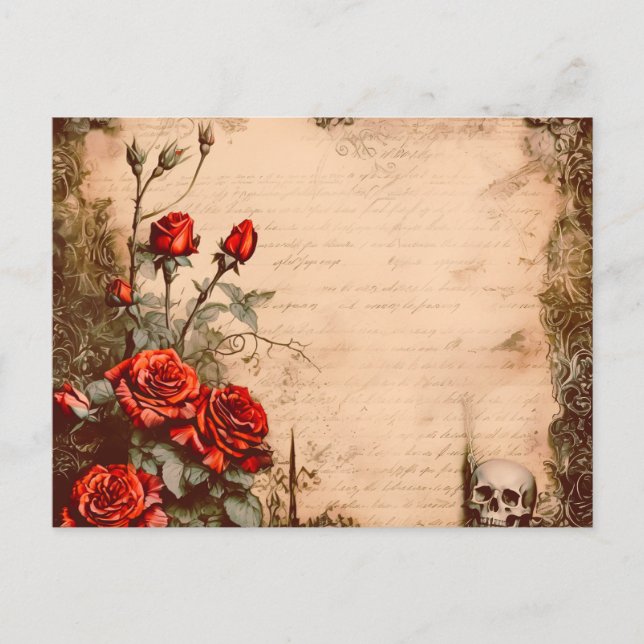 Cartes Pour Fêtes Annuelles Crâne gothique victorien Roses rouges Halloween (Devant)