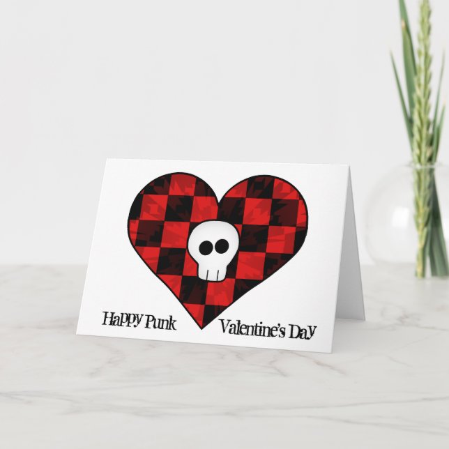 Cartes Pour Fêtes Annuelles Crâne mignon en à damiers coeur rouge (Devant)