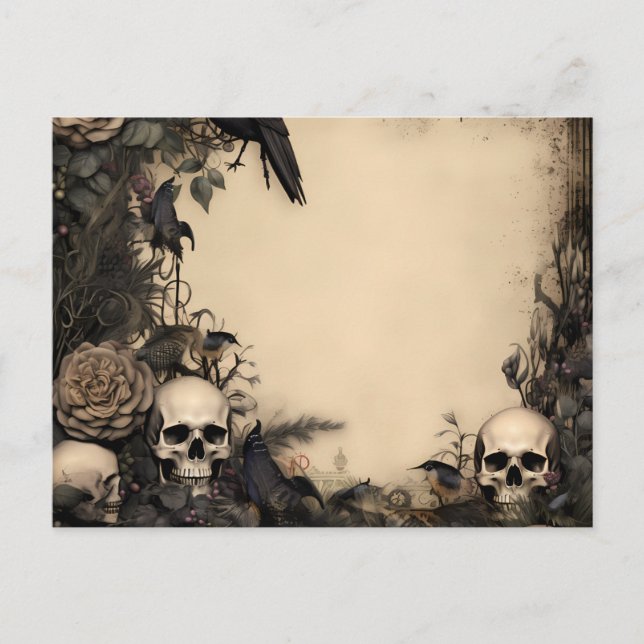 Cartes Pour Fêtes Annuelles Crânes antiques Fleurs noires et verdure Halloween (Devant)