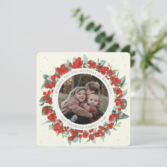 Cartes Pour Fêtes Annuelles Cream Round/Square Red Berries+Eucalyptus Photo (Debout devant)