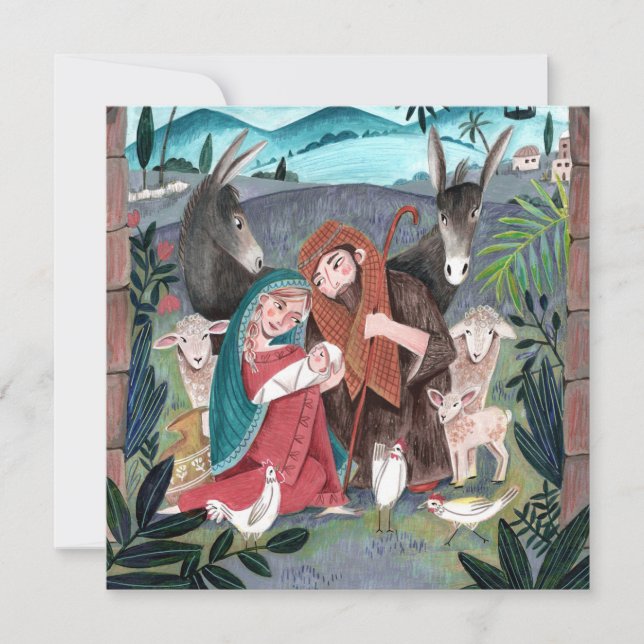 Cartes Pour Fêtes Annuelles Crèche religieuse bleu, rouge Marie & Joseph (Devant)
