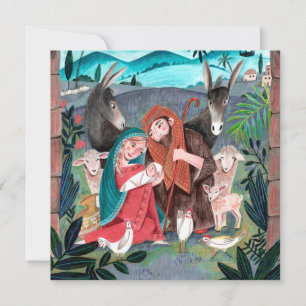 Cartes Pour Fêtes Annuelles Crèche religieuse bleu, rouge Marie & Joseph