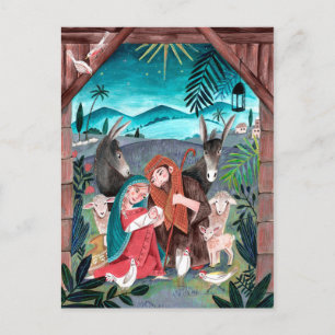 Cartes Pour Fêtes Annuelles Crèche religieuse bleu, rouge Marie & Joseph