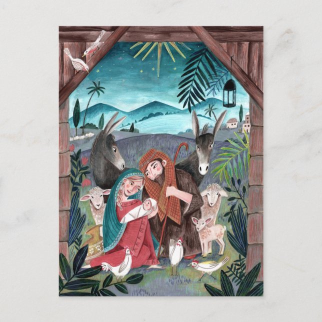Cartes Pour Fêtes Annuelles Crèche religieuse bleu, rouge Marie & Joseph (Devant)