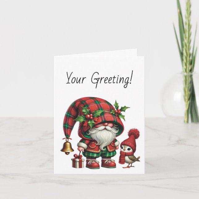 Cartes Pour Fêtes Annuelles Créez votre propre Noël floral Plaid Gnome Bird (Devant)